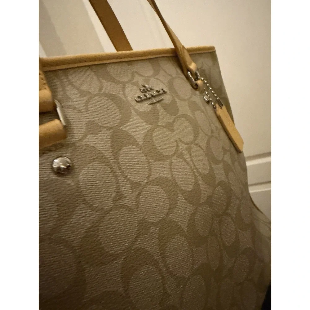 Coach Signature Zip Top Tote Light Khaki/Canary Beige Yellow Silver